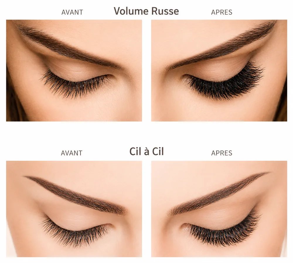 Avant / après d'extensions de cils volume russe et cil à cil
